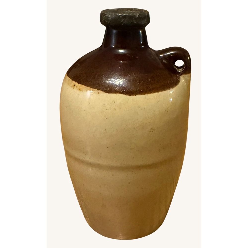 Vintage Miniature Stoneware Crock Jug 1940s Ceramic Metal Top 4.25" Brown Tan